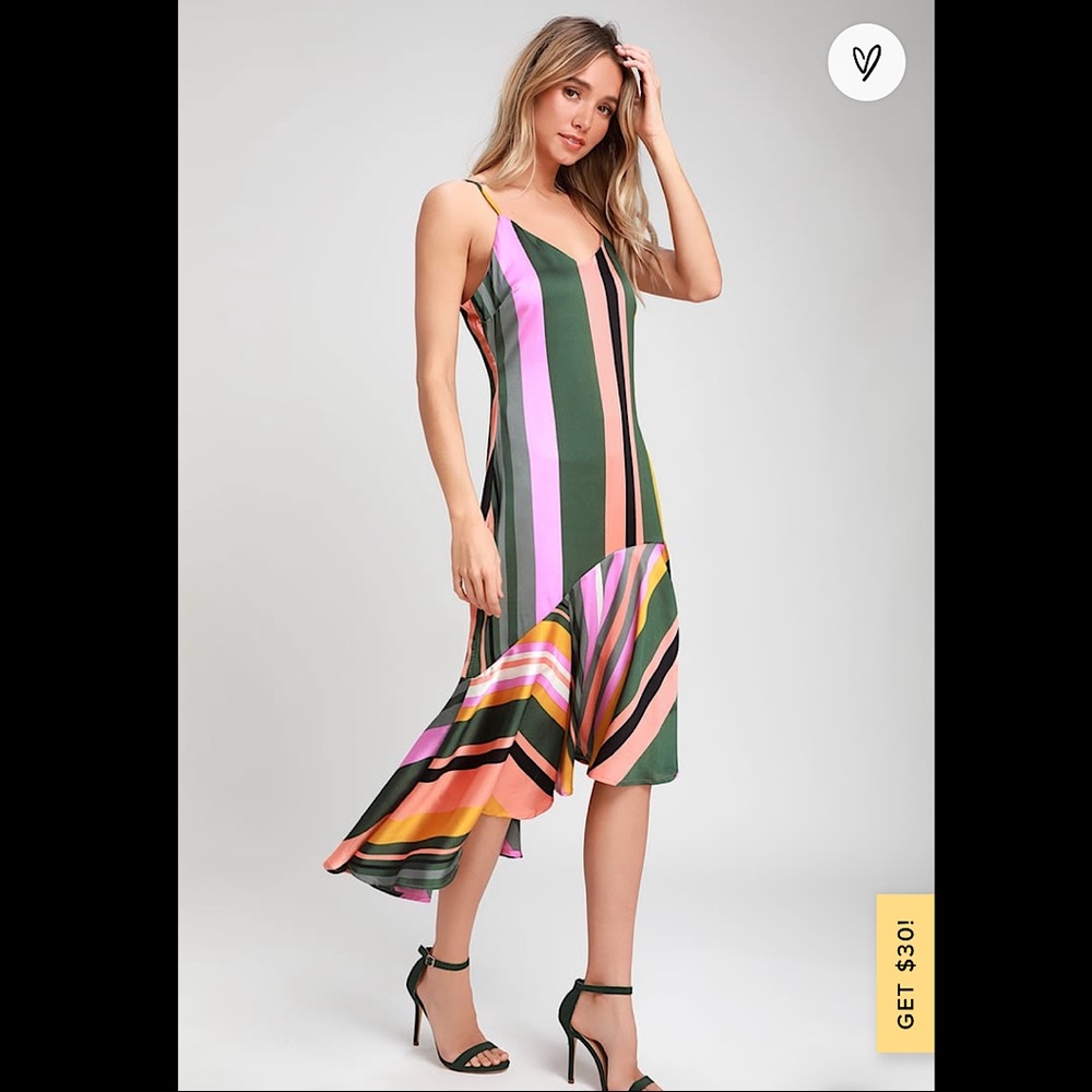 Stripe Satin Asymmetrical Midi Dress